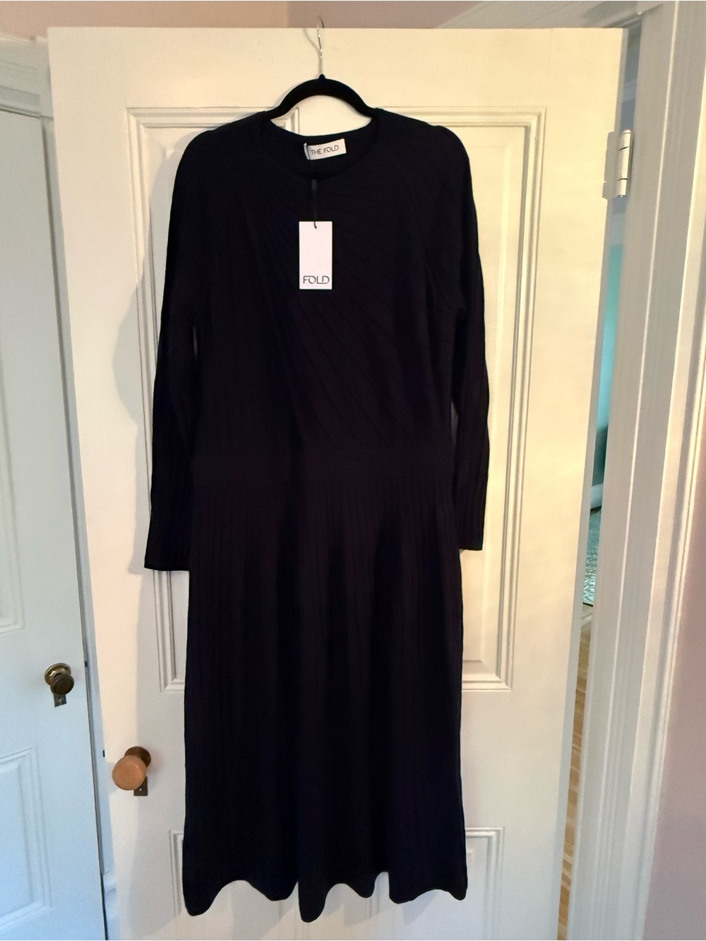The Fold Black Long-Sleeve Ribbed Midi Dress 100% Merino Wool